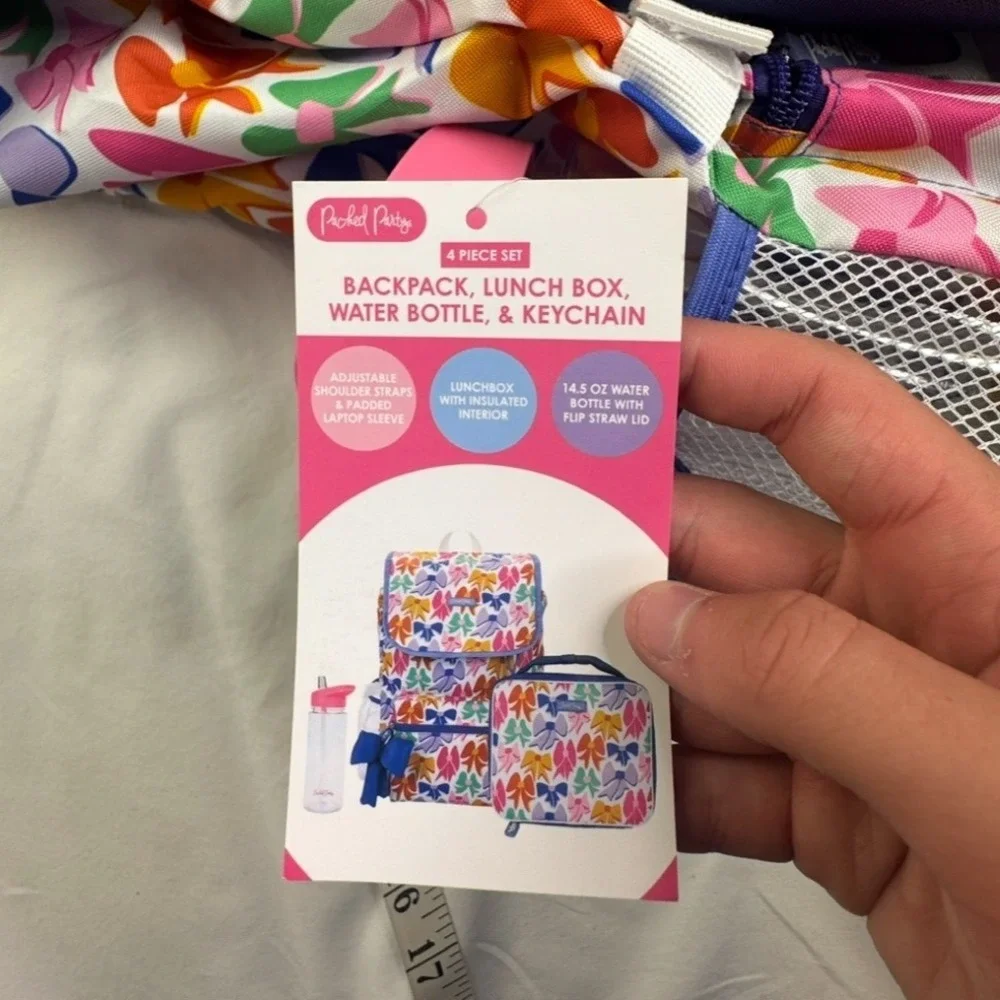 Packed Party Backpack Lunch Bag Water Bottle Set Rainbow Bow Print Padded Laptop